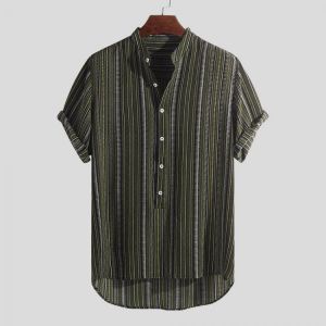 החנות של נדב  בגדים Mens Summer Striped Buttons Fly Breathable Short Sleeve Casual Henley Shirts