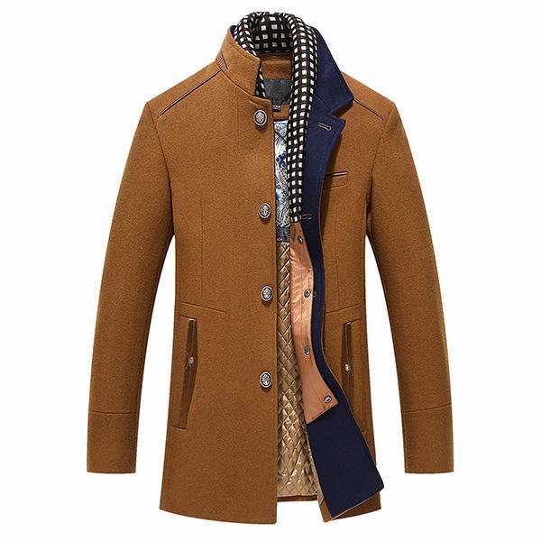 החנות של נדב  בגדים Autumn Winter Casual Slim Fit Stand Collar Scarf Detachable Stylish Woolen Overcoat Jacket for Men